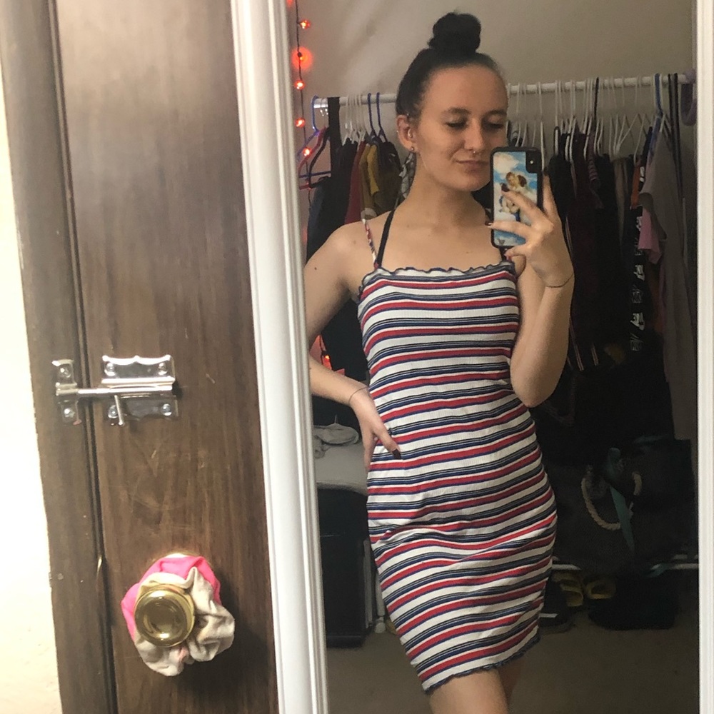 red, white, and blue stripped dress
